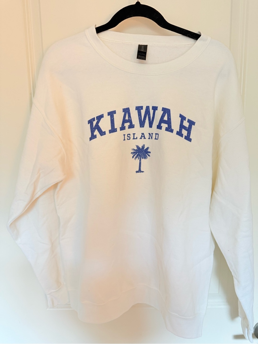 Gildan White Crewneck Sweatshirt with Blue Kiawah Island Print